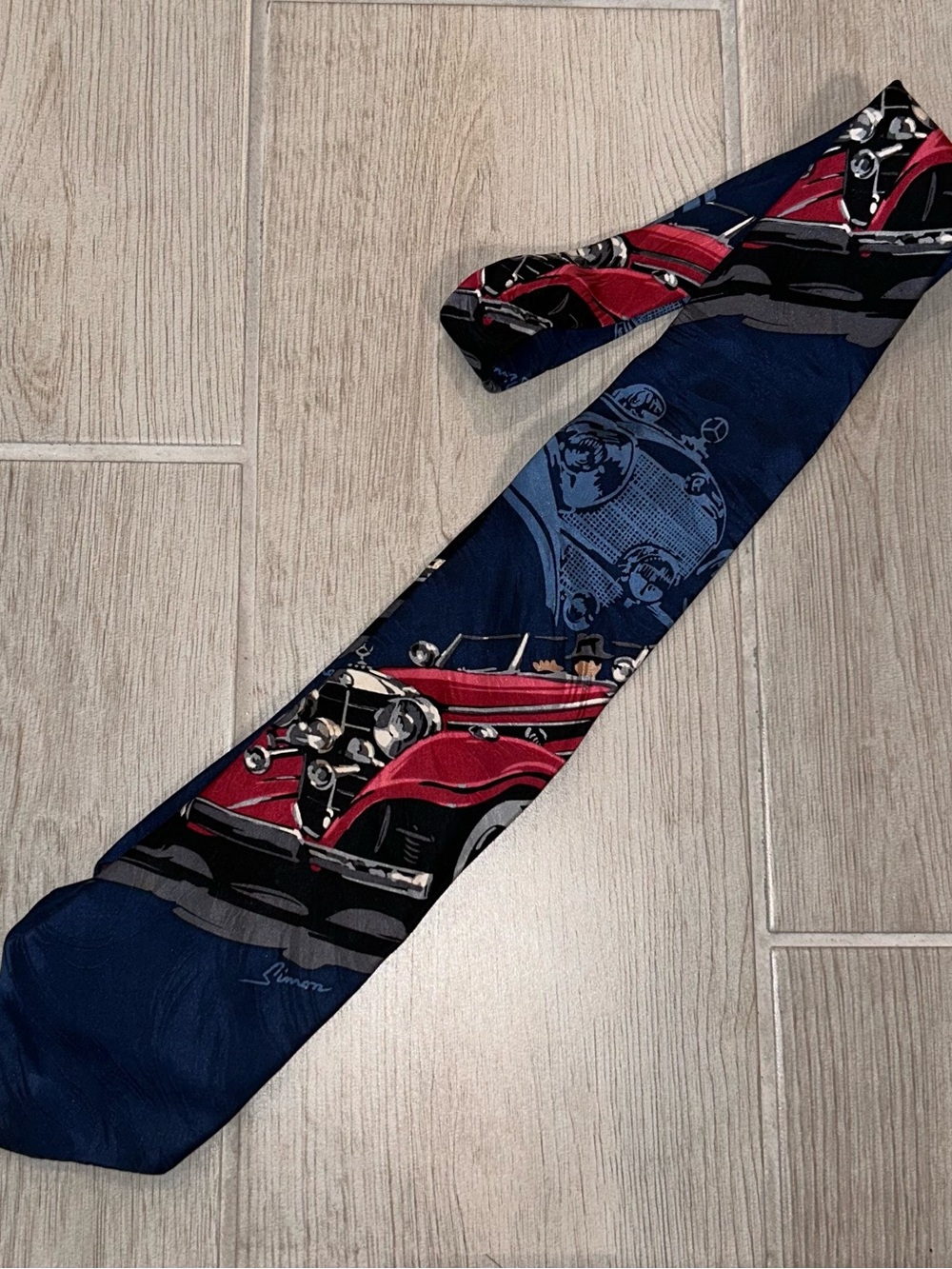 Men's Mercedes Navy Blue Tie with Red Vintage Car Print